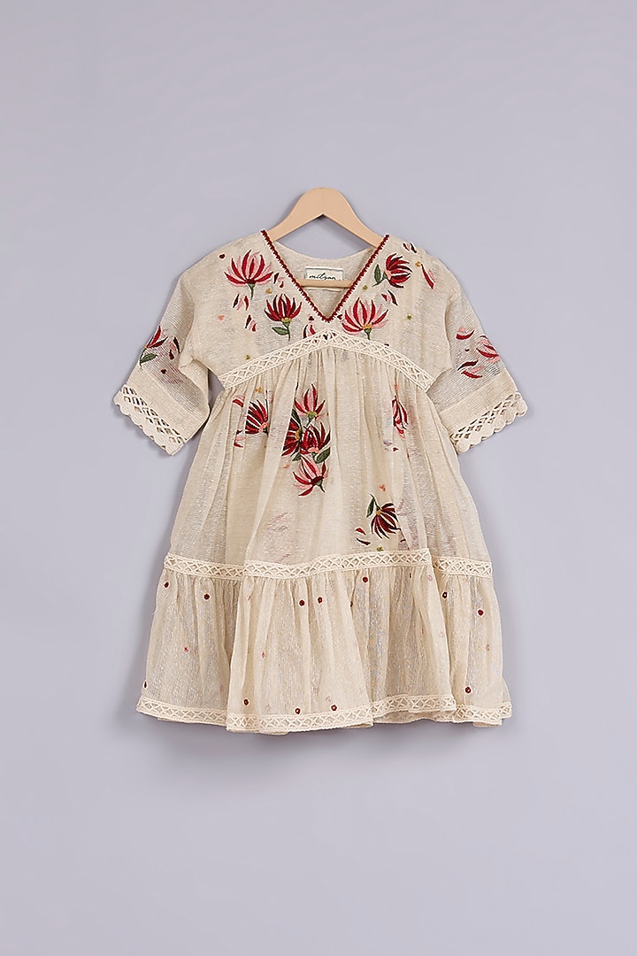 Beige Jute Silk Floral Embroidered Dress For Girls by Mityan at Pernia's Pop Up Shop