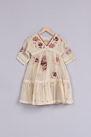 Beige Jute Silk Floral Embroidered Dress For Girls by Mityan
