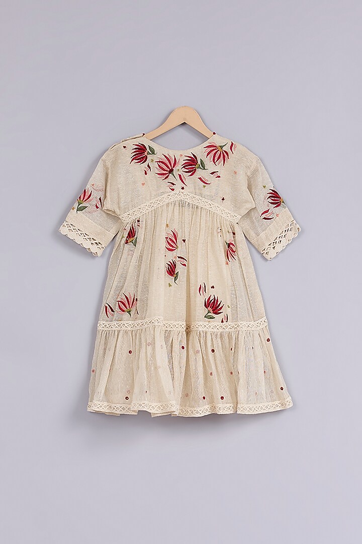 Beige Jute Silk Floral Embroidered Dress For Girls by Mityan at Pernia's Pop Up Shop