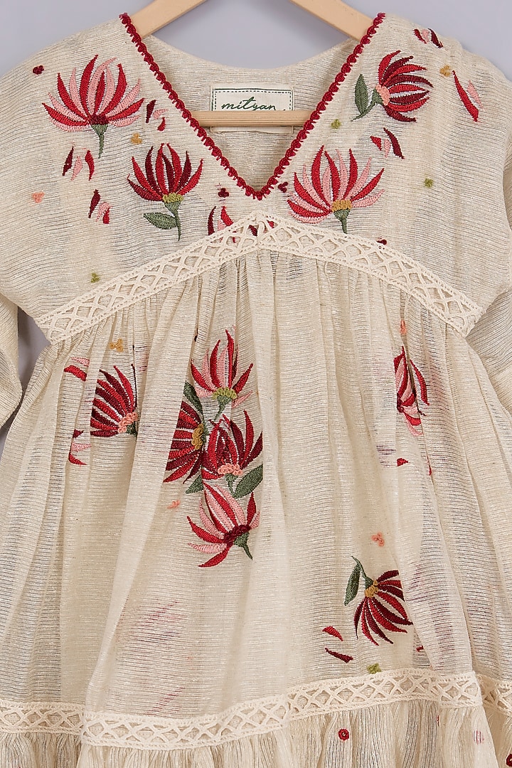 Beige Jute Silk Floral Embroidered Dress For Girls by Mityan at Pernia's Pop Up Shop