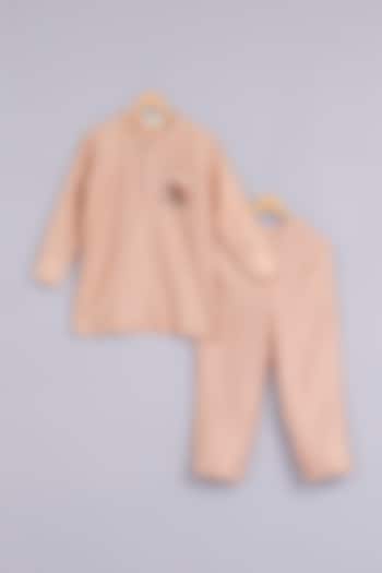 Pink Silk Chanderi Embroidered Kurta Set For Boys by Mityan