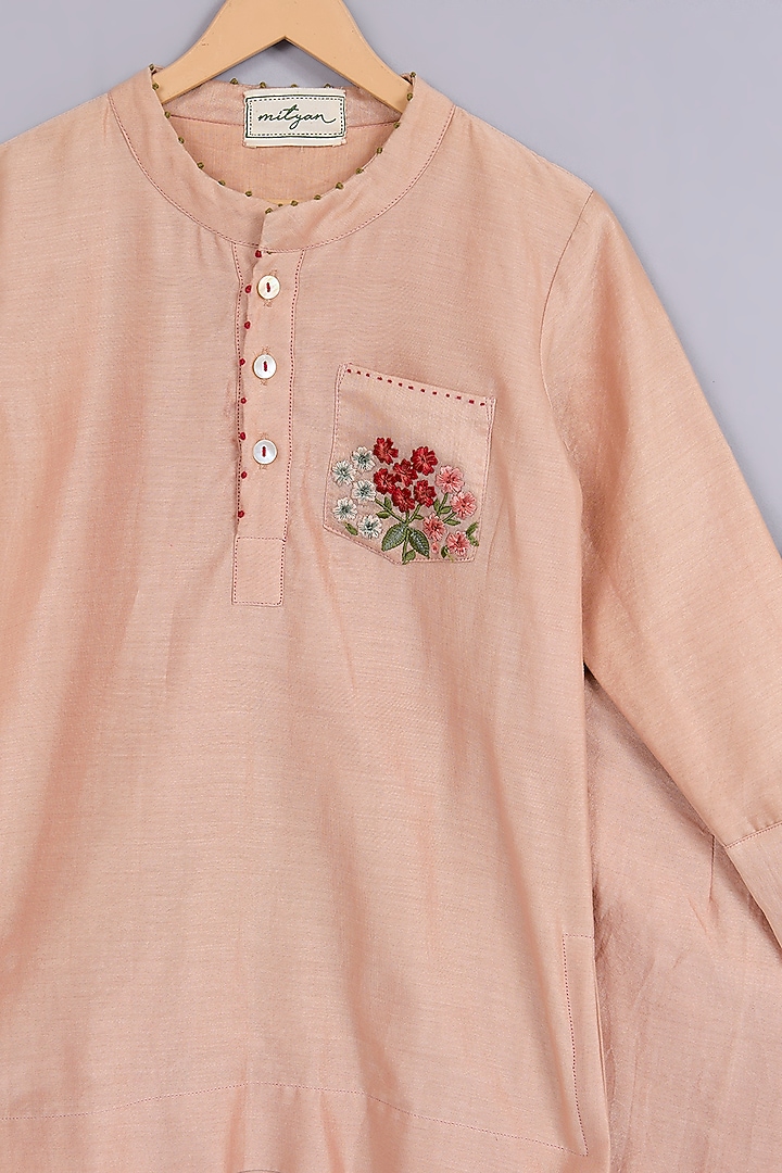 Pink Silk Chanderi Embroidered Kurta Set For Boys by Mityan at Pernia's Pop Up Shop