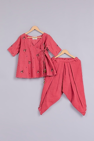 Carrot Cotton Chanderi Hand Embroidered Co-Ord Set For Girls by Mityan
