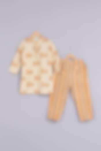 Yellow Cotton Chanderi Hand Block Printed Kurta Set For Boys by Mityan
