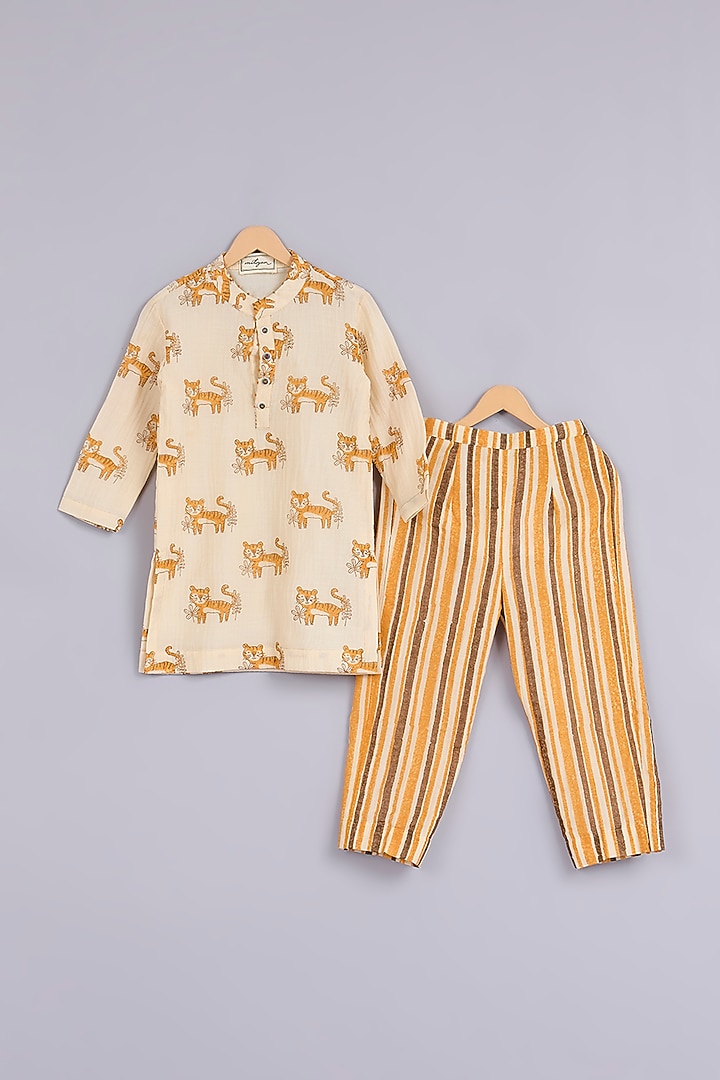 Yellow Cotton Chanderi Hand Block Printed Kurta Set For Boys by Mityan