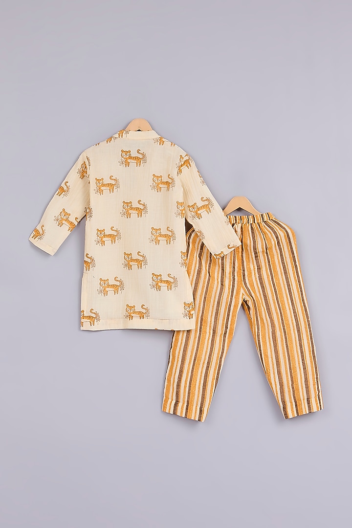 Yellow Cotton Chanderi Hand Block Printed Kurta Set For Boys by Mityan at Pernia's Pop Up Shop