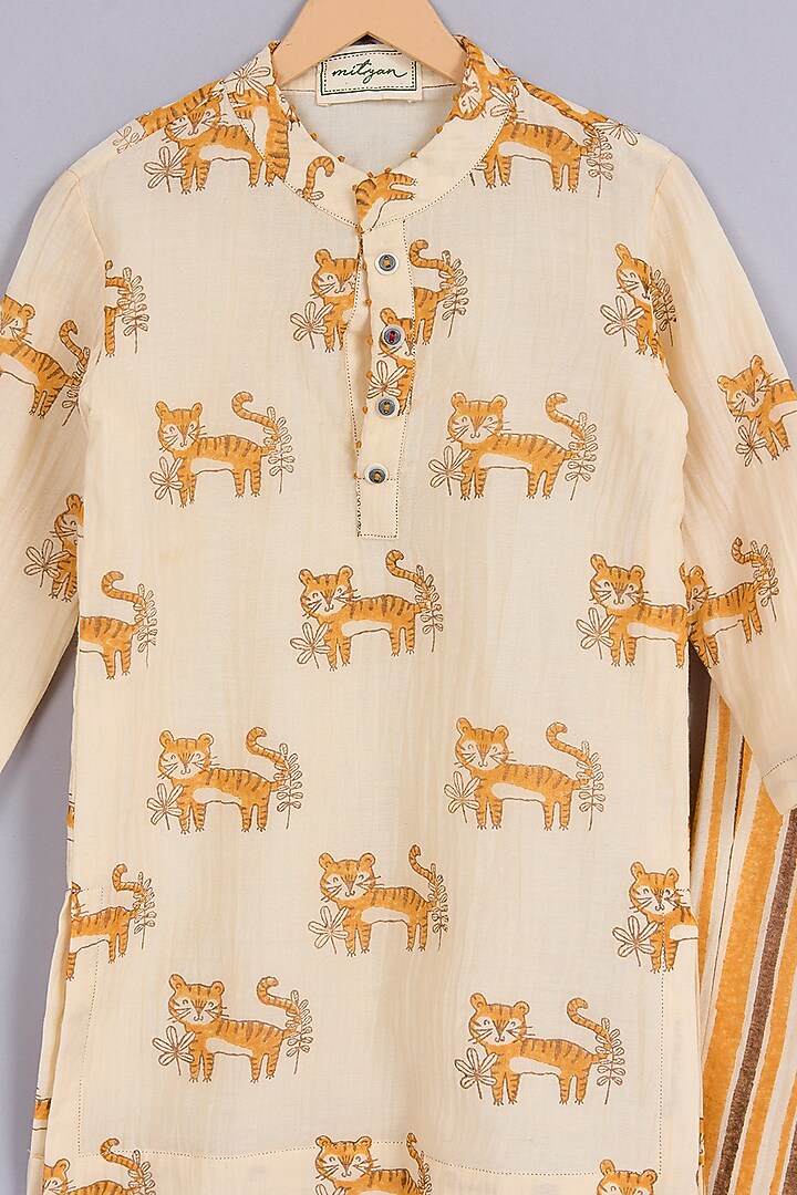 Yellow Cotton Chanderi Hand Block Printed Kurta Set For Boys by Mityan at Pernia's Pop Up Shop