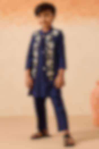Blue Cotton Chanderi Floral Embroidered Nehru Jacket Set For Boys by Mityan