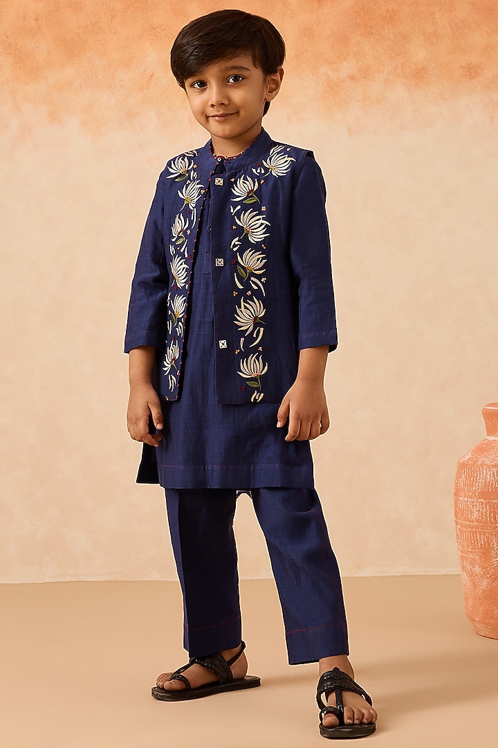 Blue Cotton Chanderi Floral Embroidered Nehru Jacket Set For Boys by Mityan