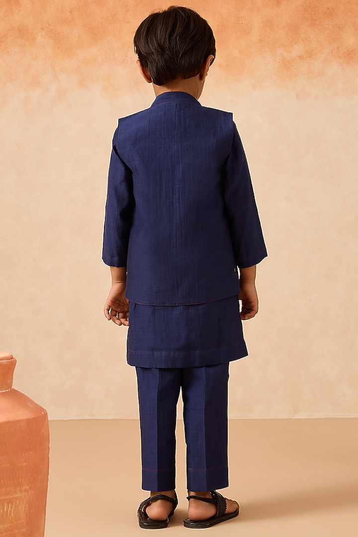 Blue Cotton Chanderi Floral Embroidered Nehru Jacket Set For Boys by Mityan at Pernia's Pop Up Shop