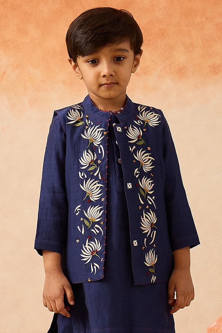 Blue Cotton Chanderi Floral Embroidered Nehru Jacket Set For Boys by Mityan at Pernia's Pop Up Shop