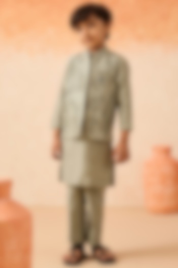 Green Organza Floral Embroidered Nehru Jacket Set For Boys by Mityan