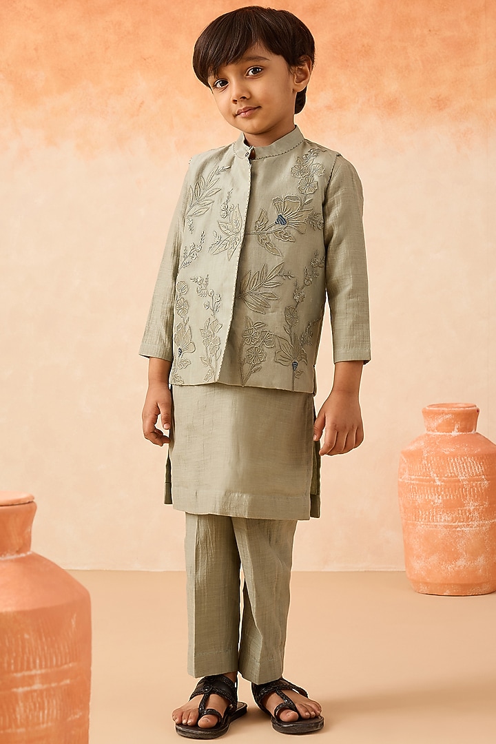 Green Organza Floral Embroidered Nehru Jacket Set For Boys by Mityan