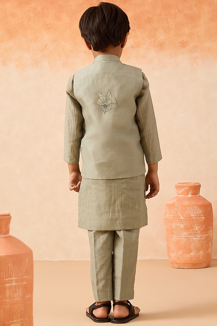 Green Organza Floral Embroidered Nehru Jacket Set For Boys by Mityan at Pernia's Pop Up Shop