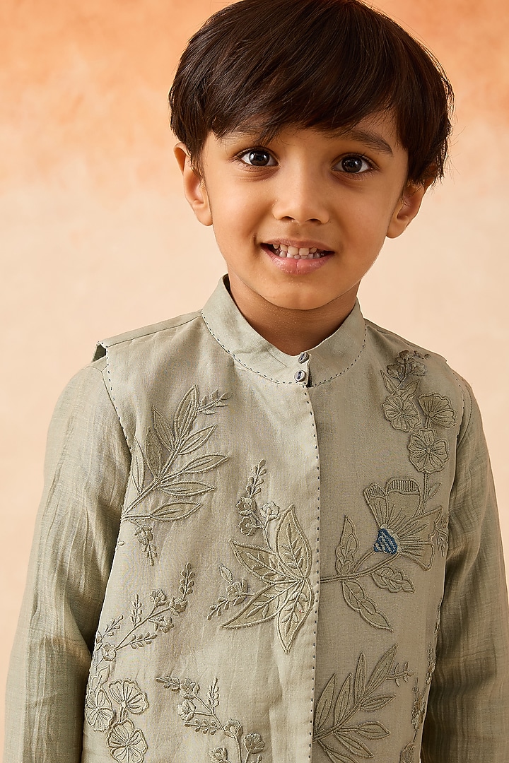 Green Organza Floral Embroidered Nehru Jacket Set For Boys by Mityan at Pernia's Pop Up Shop