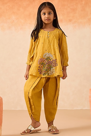 Yellow Cotton Chanderi Dhoti Set For Girls by Mityan