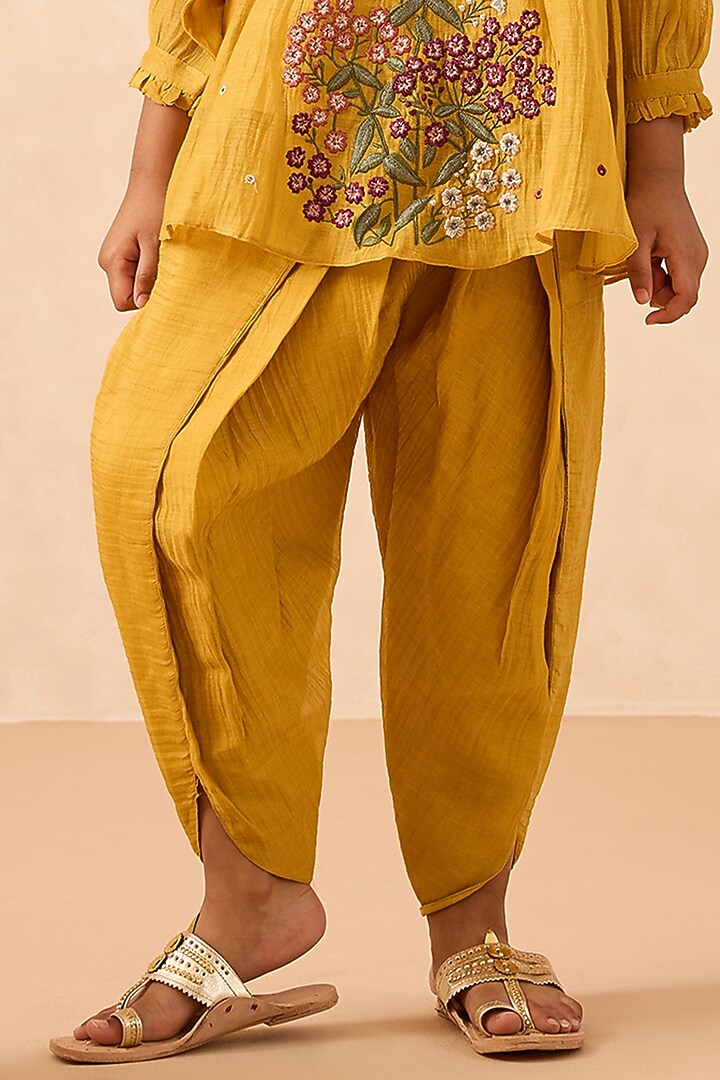 Yellow Cotton Chanderi Dhoti Set For Girls by Mityan at Pernia's Pop Up Shop