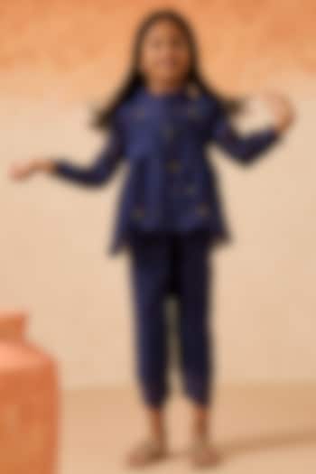Blue Cotton Chanderi Embroidered Co-Ord Set For Girls by Mityan at Pernia's Pop Up Shop