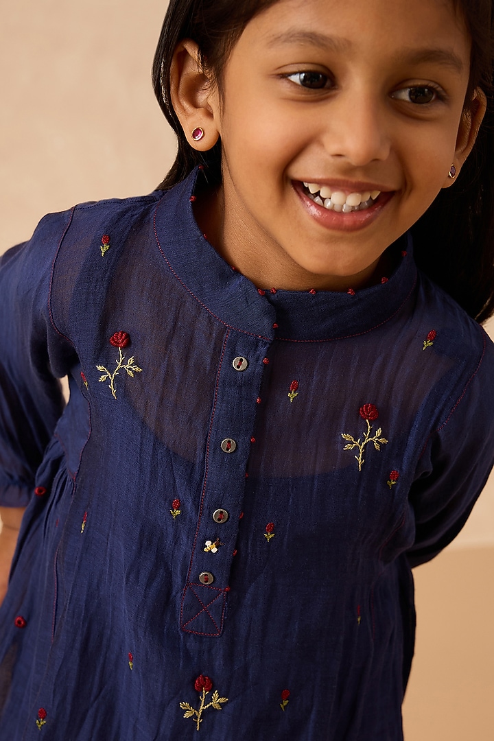 Blue Cotton Chanderi Embroidered Co-Ord Set For Girls by Mityan at Pernia's Pop Up Shop