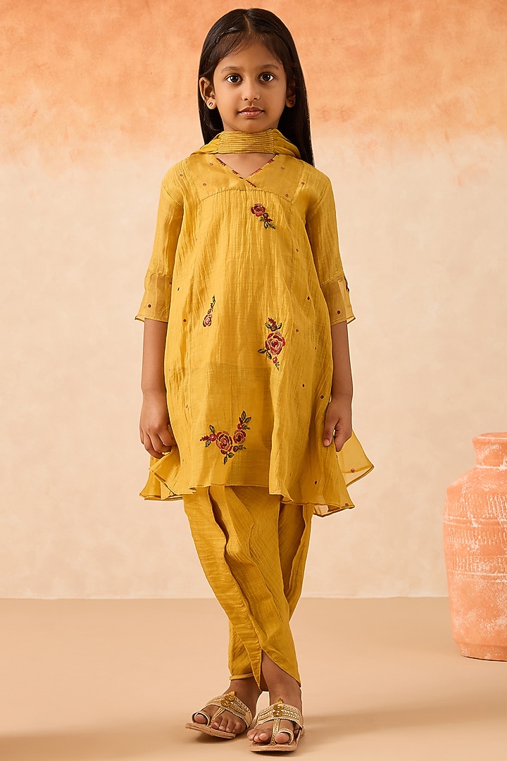Yellow Cotton Chanderi Tunic Set For Girls by Mityan at Pernia's Pop Up Shop