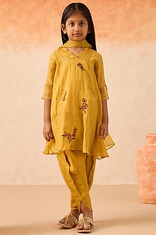 Yellow Cotton Chanderi Tunic Set For Girls by Mityan
