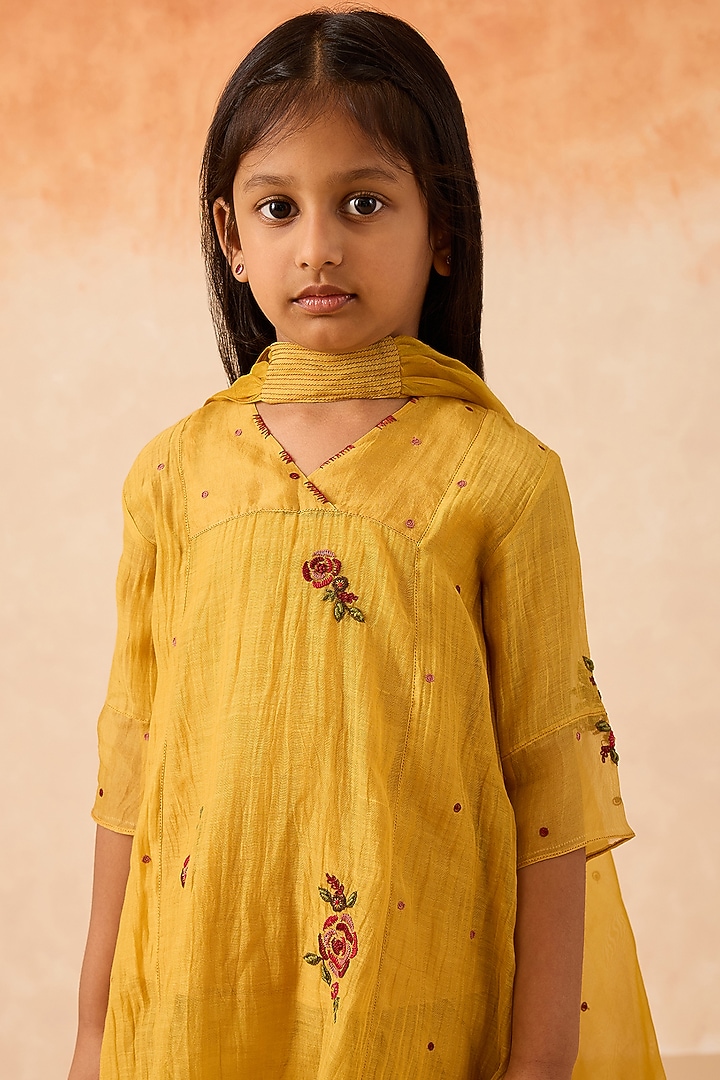 Yellow Cotton Chanderi Tunic Set For Girls by Mityan at Pernia's Pop Up Shop