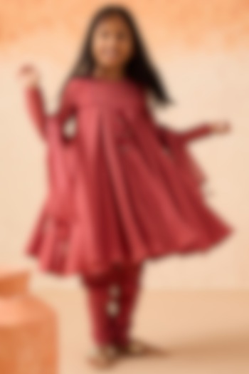 Carrot-Colored Cotton Chanderi Embroidered Anarkali Set For Girls by Mityan at Pernia's Pop Up Shop