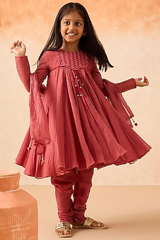 Carrot-Colored Cotton Chanderi Embroidered Anarkali Set For Girls by Mityan