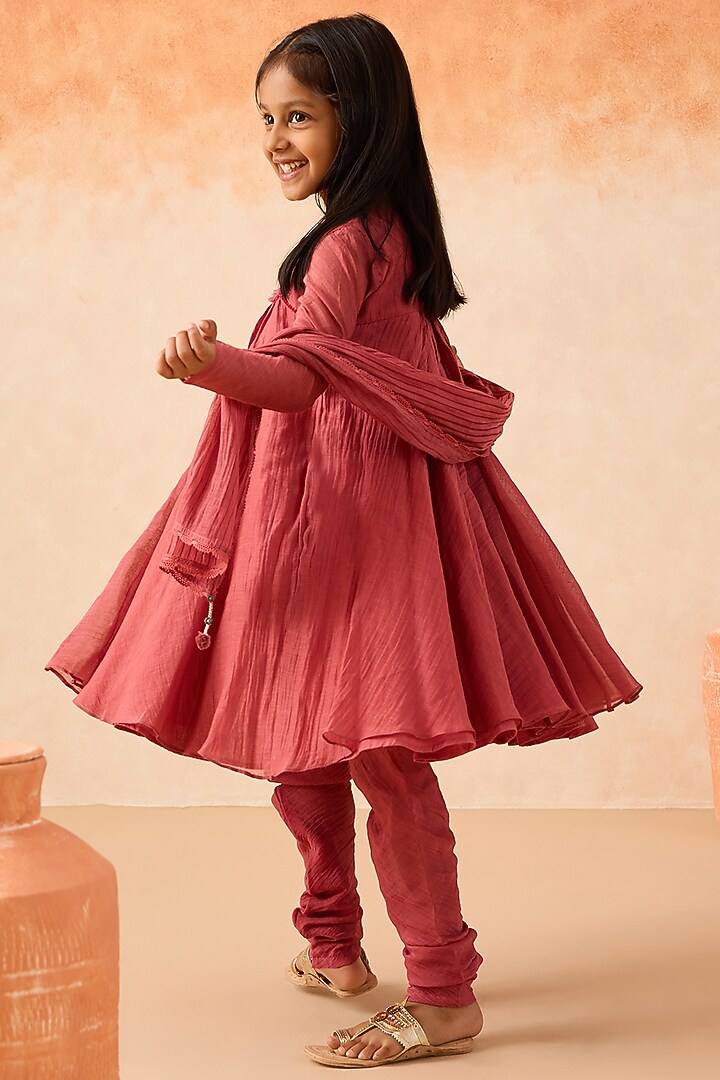 Carrot-Colored Cotton Chanderi Embroidered Anarkali Set For Girls by Mityan at Pernia's Pop Up Shop