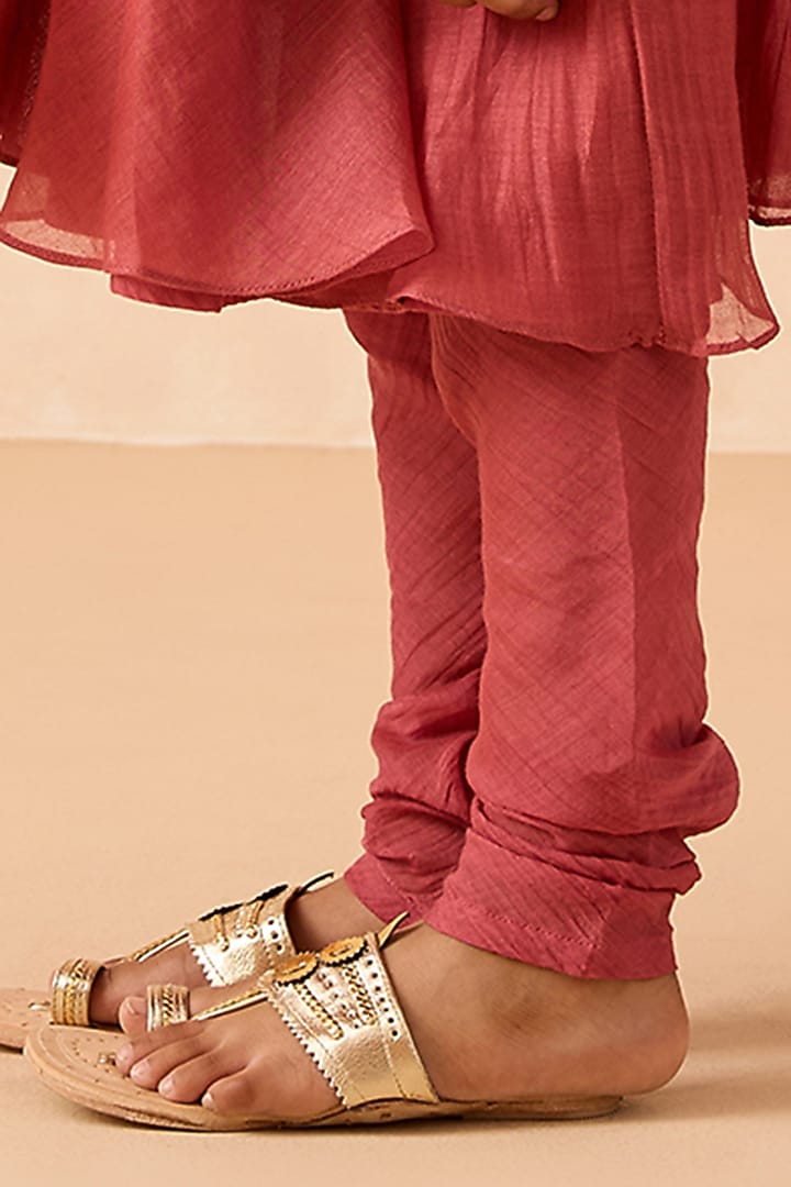 Carrot-Colored Cotton Chanderi Embroidered Anarkali Set For Girls by Mityan at Pernia's Pop Up Shop