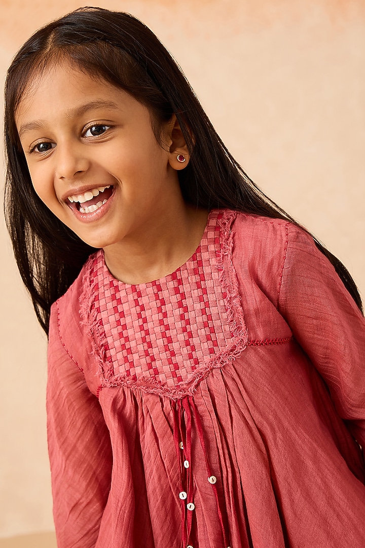 Carrot-Colored Cotton Chanderi Embroidered Anarkali Set For Girls by Mityan at Pernia's Pop Up Shop