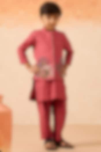Carrot-Colored Cotton Chanderi Floral Embroidered Nehru Jacket Set For Boys by Mityan