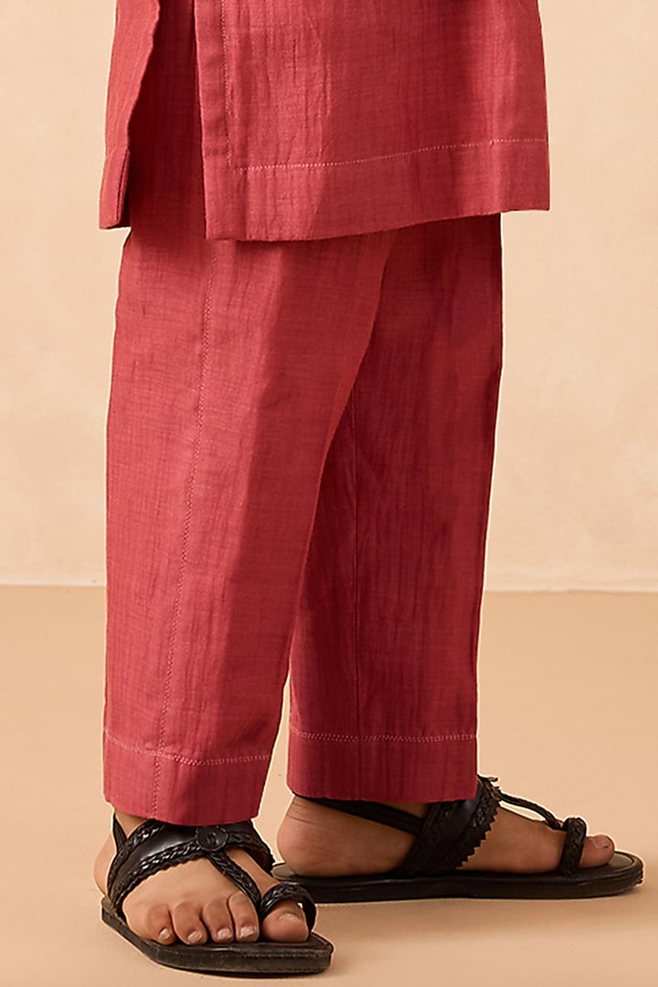 Carrot-Colored Cotton Chanderi Floral Embroidered Nehru Jacket Set For Boys by Mityan at Pernia's Pop Up Shop