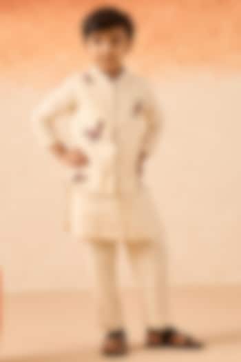 Ivory Cotton Chanderi Floral Embroidered Nehru Jacket Set For Boys by Mityan