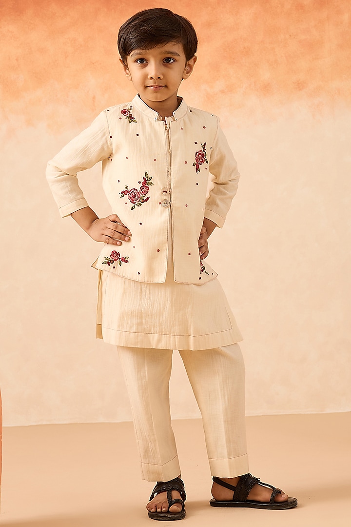 Ivory Cotton Chanderi Floral Embroidered Nehru Jacket Set For Boys by Mityan