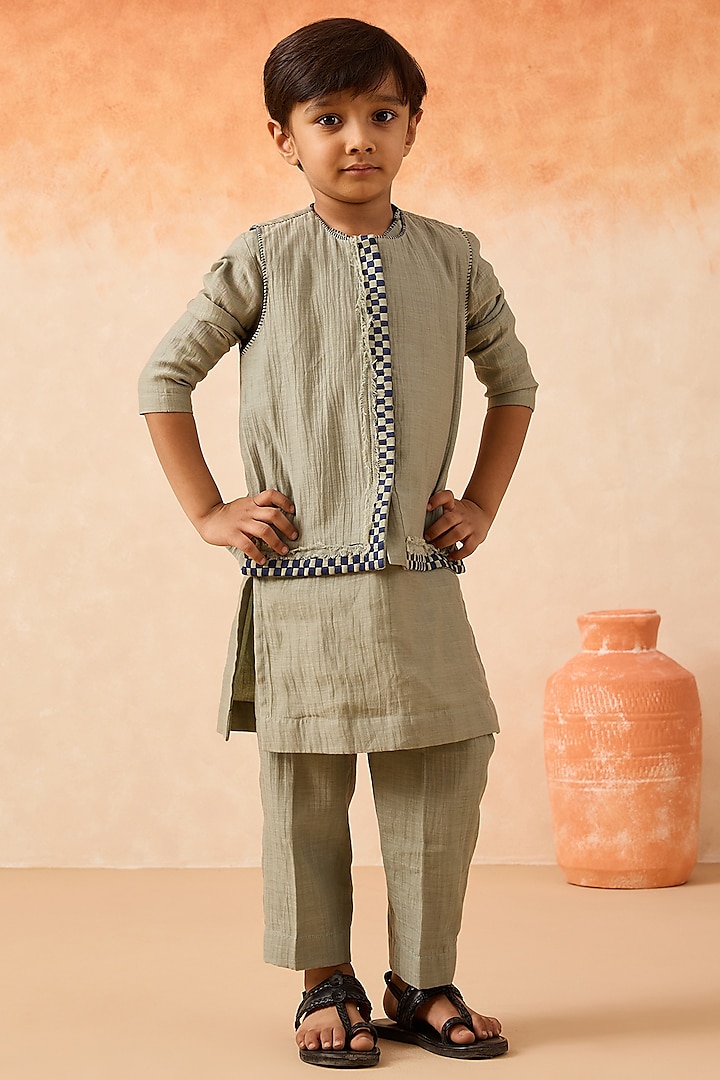 Green Organza Floral Embroidered Nehru Jacket Set For Boys by Mityan