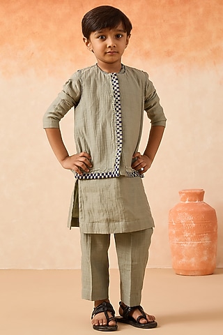 Green Organza Floral Embroidered Nehru Jacket Set For Boys by Mityan