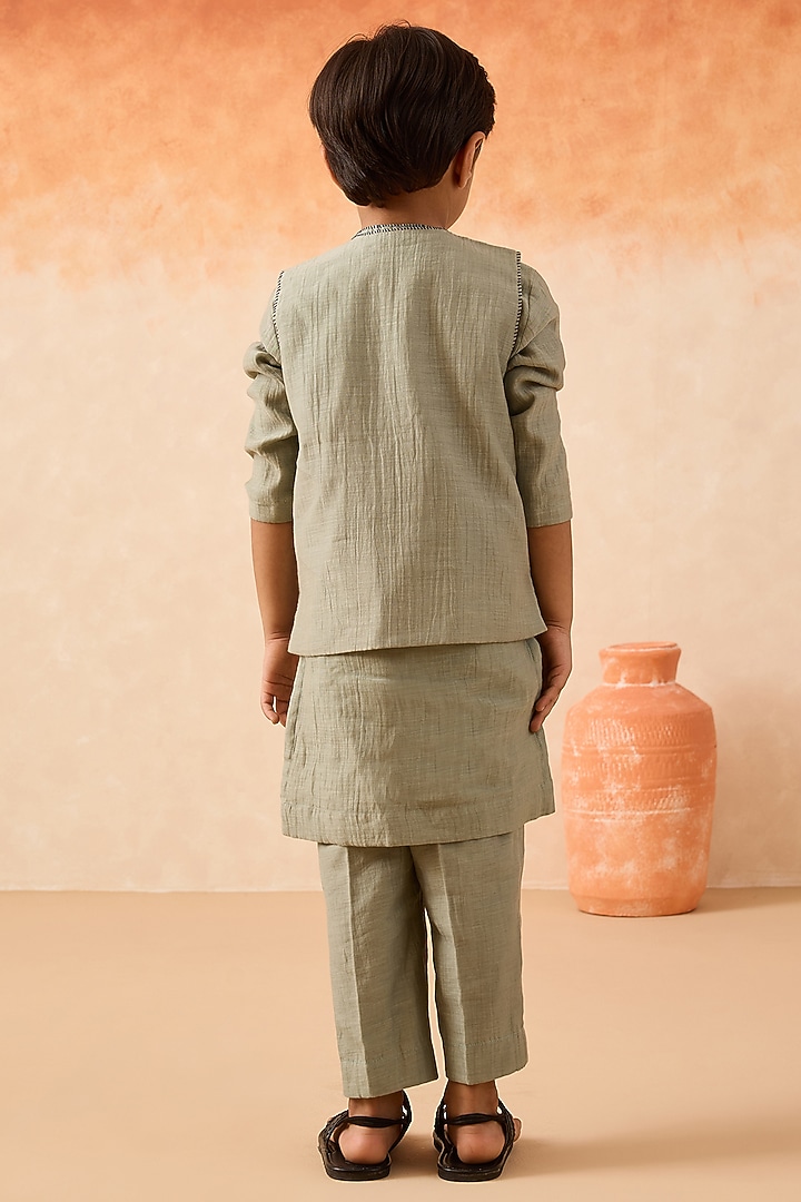 Green Organza Floral Embroidered Nehru Jacket Set For Boys by Mityan at Pernia's Pop Up Shop