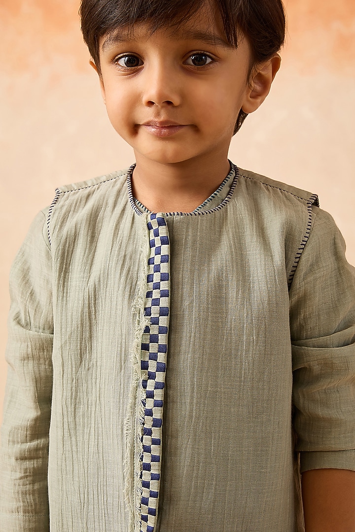 Green Organza Floral Embroidered Nehru Jacket Set For Boys by Mityan at Pernia's Pop Up Shop