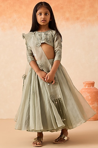 Green Silk Organza Embroidered Lehenga Set For Girls by Mityan