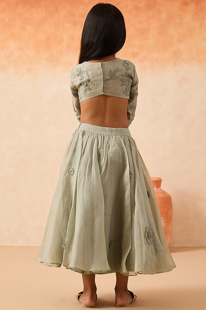 Green Silk Organza Embroidered Lehenga Set For Girls by Mityan at Pernia's Pop Up Shop