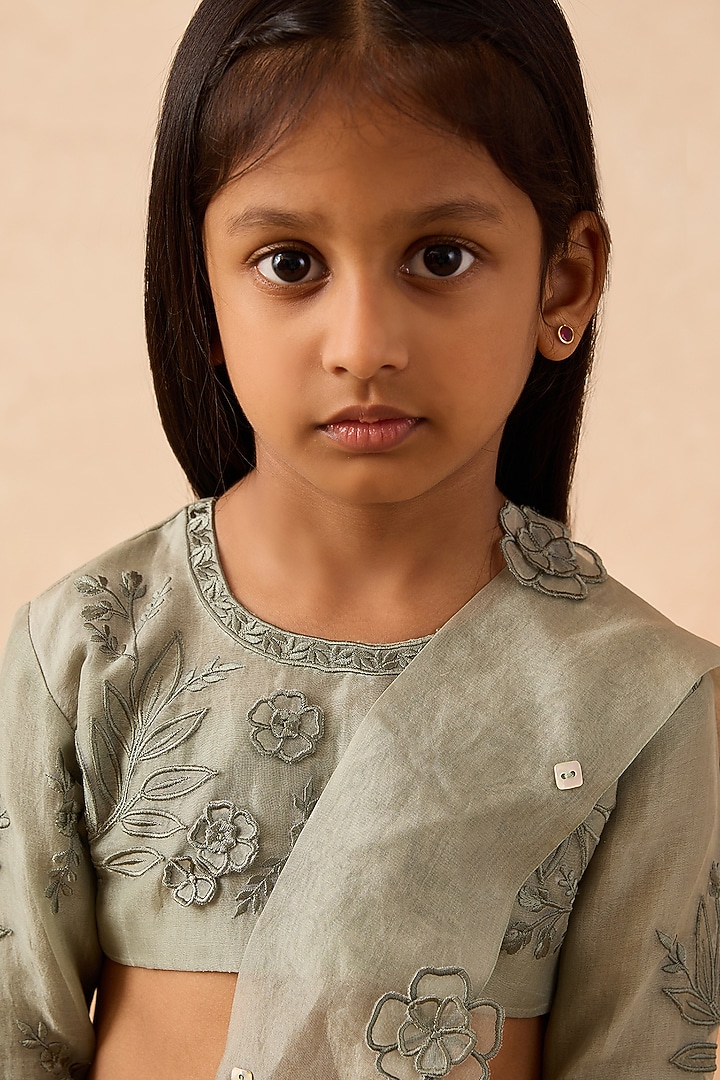 Green Silk Organza Embroidered Lehenga Set For Girls by Mityan at Pernia's Pop Up Shop