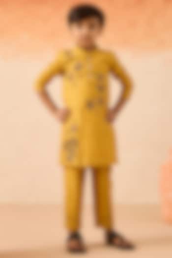 Yellow Cotton Chanderi Floral Embroidered Kurta Set For Boys by Mityan
