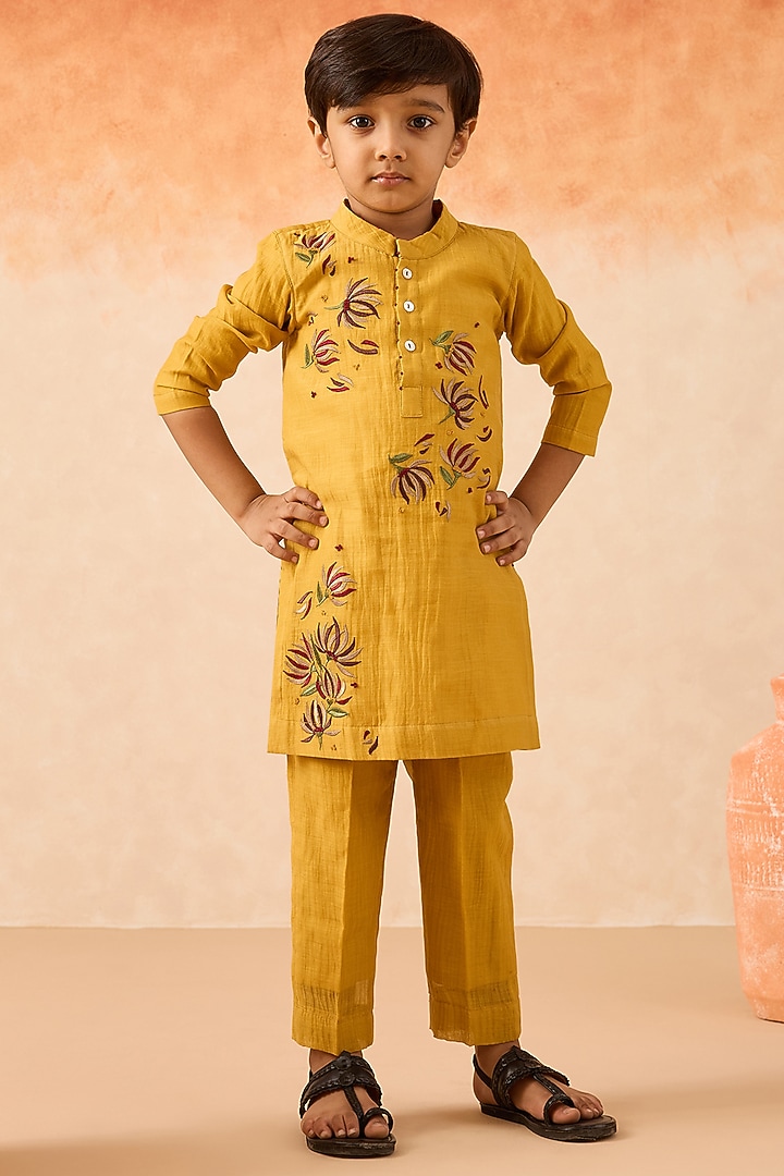 Yellow Cotton Chanderi Floral Embroidered Kurta Set For Boys by Mityan