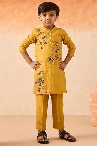 Yellow Cotton Chanderi Floral Embroidered Kurta Set For Boys by Mityan