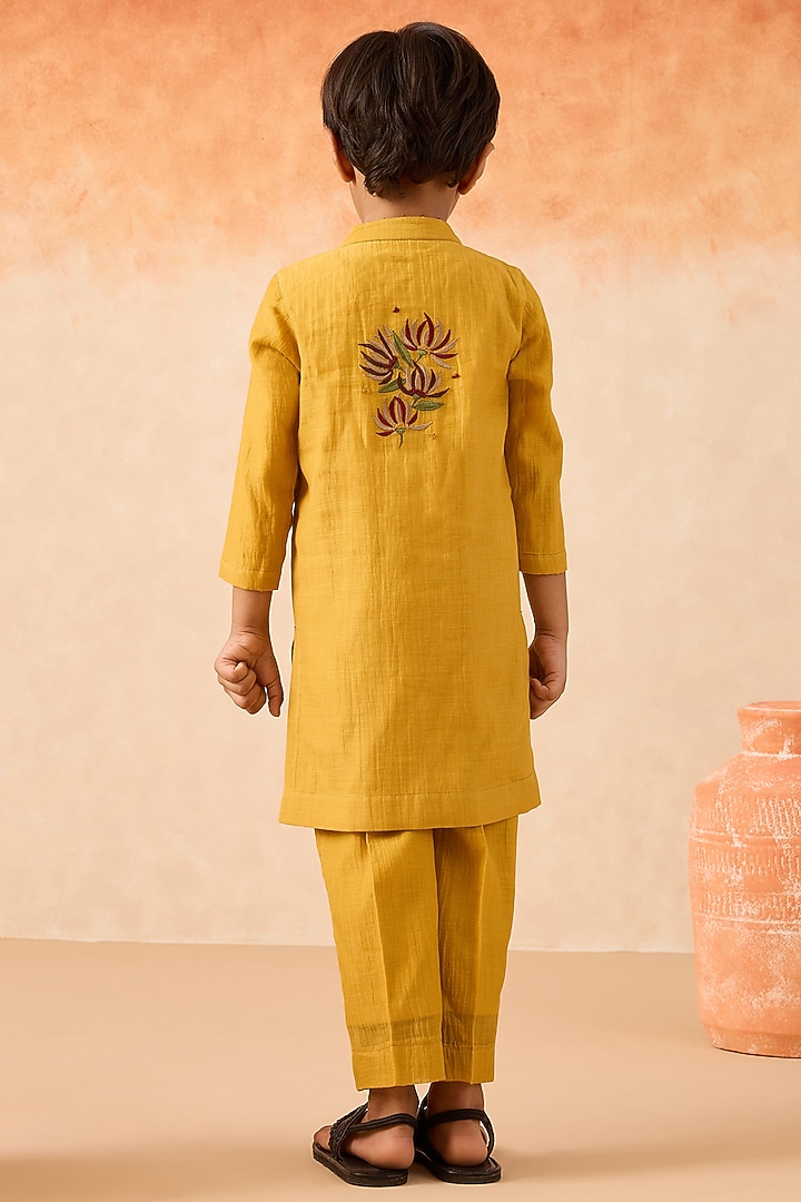 Yellow Cotton Chanderi Floral Embroidered Kurta Set For Boys by Mityan at Pernia's Pop Up Shop