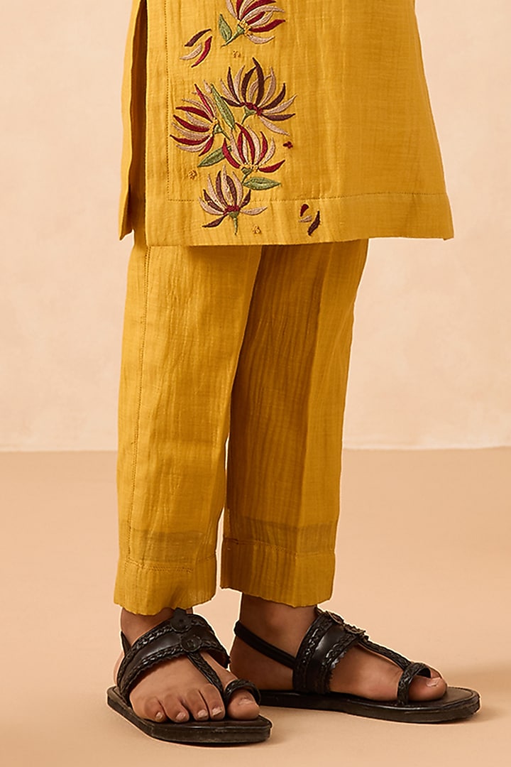 Yellow Cotton Chanderi Floral Embroidered Kurta Set For Boys by Mityan at Pernia's Pop Up Shop