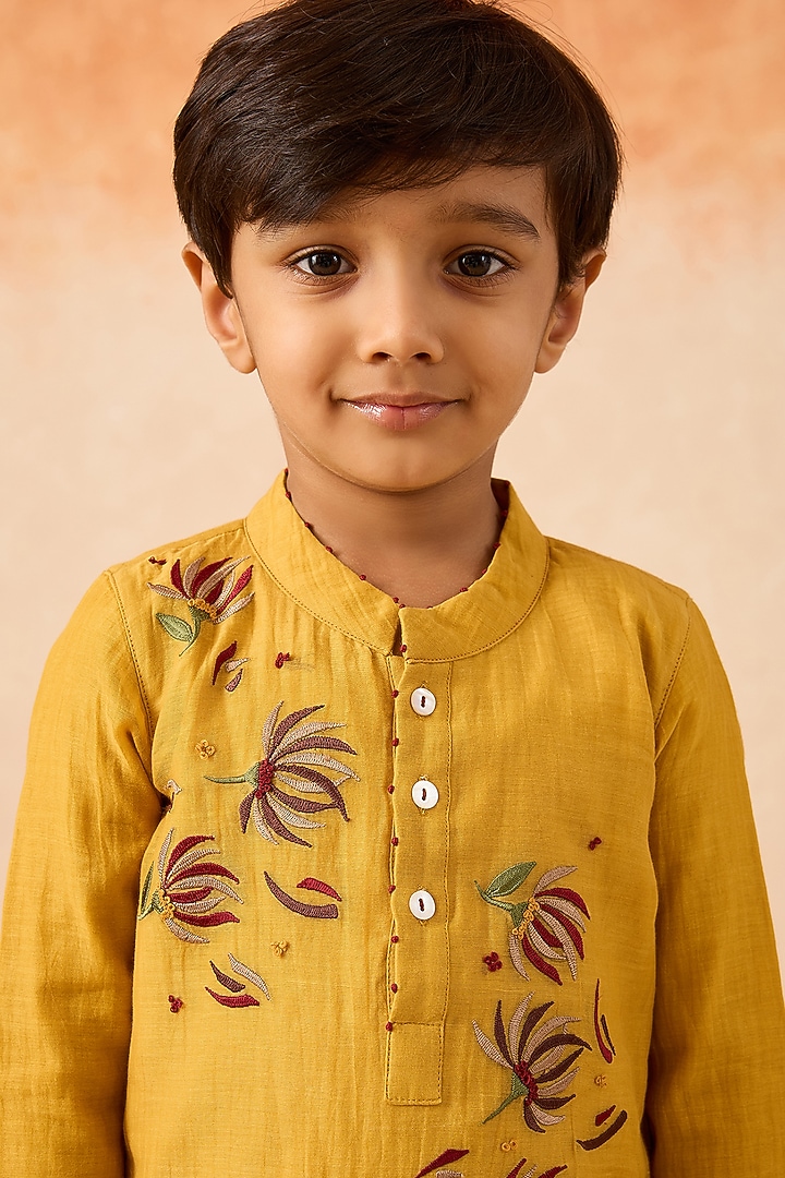 Yellow Cotton Chanderi Floral Embroidered Kurta Set For Boys by Mityan at Pernia's Pop Up Shop