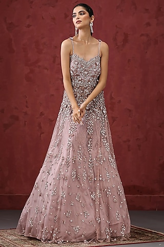 Pink Tulle & Satin Hand Embroidered Gown by MINAKI WOMANZ