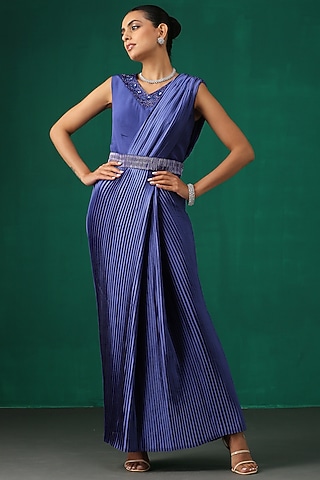 Midnight Blue Embroidered Pre-Draped Saree Set by MINAKI WOMANZ
